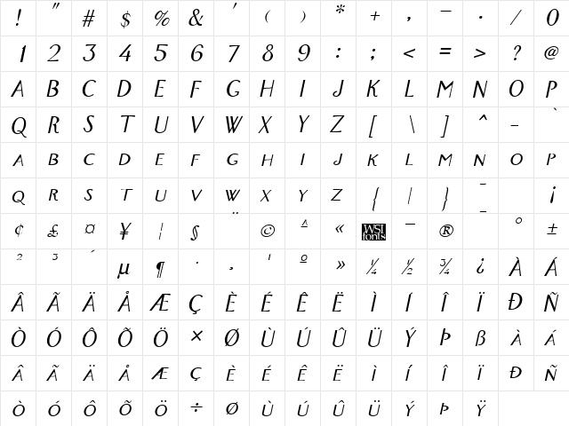 FoxTrot Italic  glyph index