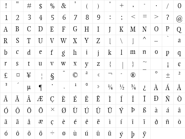 Ellington MT Light Regular  glyph index