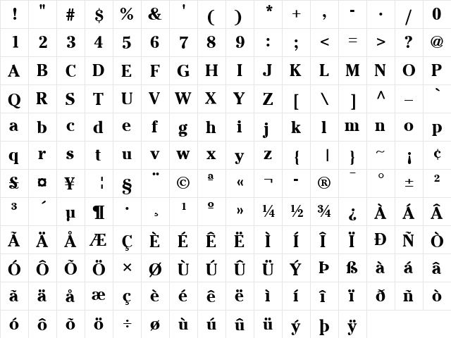 Cheltenham LT Bold  glyph index