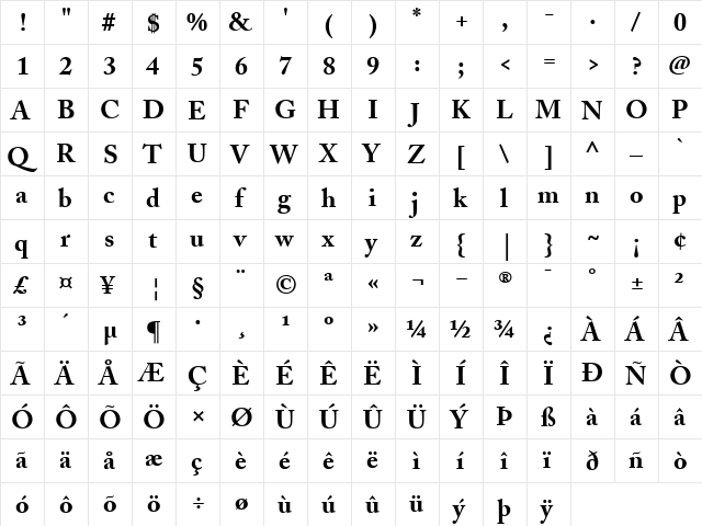 AdobeCaslon Bold  glyph index