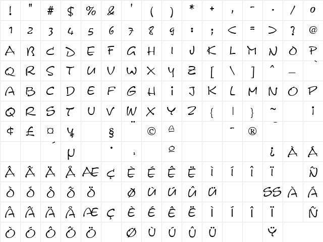 Scribble Regular  glyph index