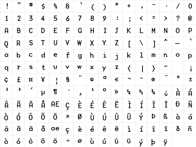 BaseMonoWideReg Regular  glyph index