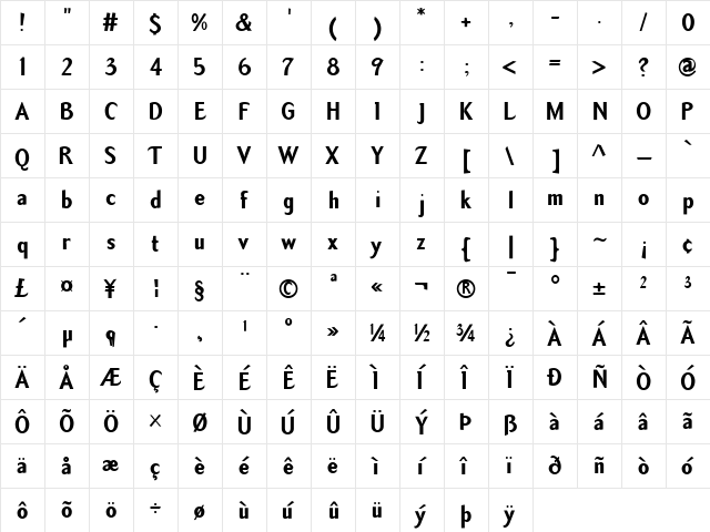 TemaCantanteSans Bold  glyph index