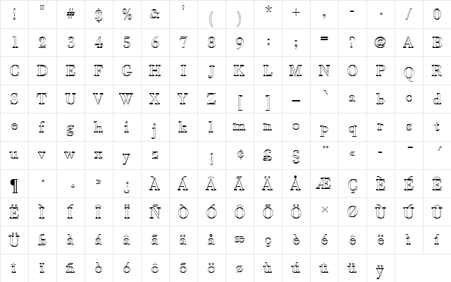 BodoniAntTRegOu1 Regular  glyph index