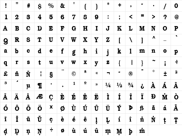 Pali Bookman Cond Regular  glyph index