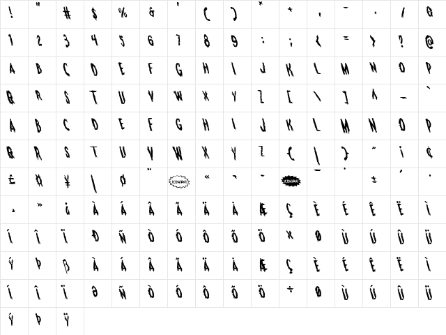 Monsterama Leftalic Italic  glyph index