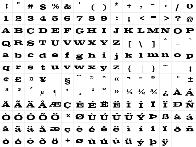 Clarendon Extended Bold  glyph index