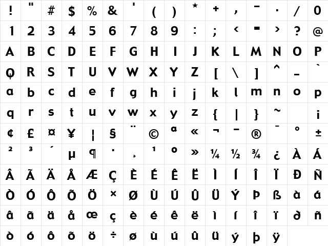 Gadget Regular  glyph index