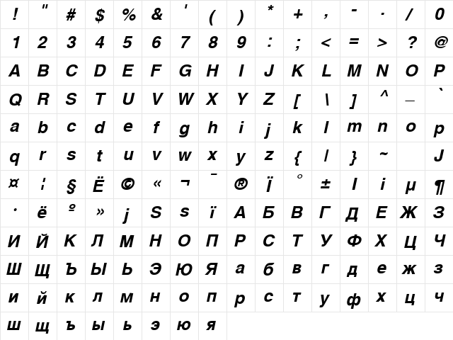 Helvetica Bold Oblique  glyph index