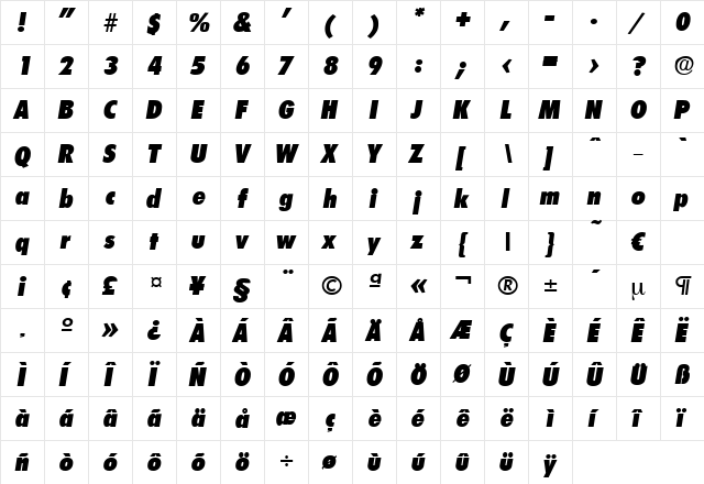 Limerick-HeavyCondIta Regular  glyph index