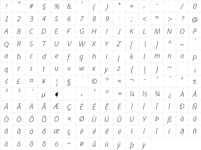Adobe Clean Light Italic  glyph index