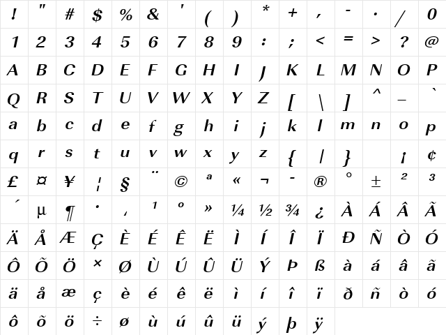 URWImperialTWid Bold Oblique  glyph index