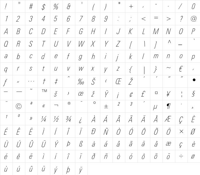 LTUnivers 221 CondThinIt  glyph index