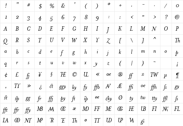 MrsEavesSmartLigItalic Regular  glyph index
