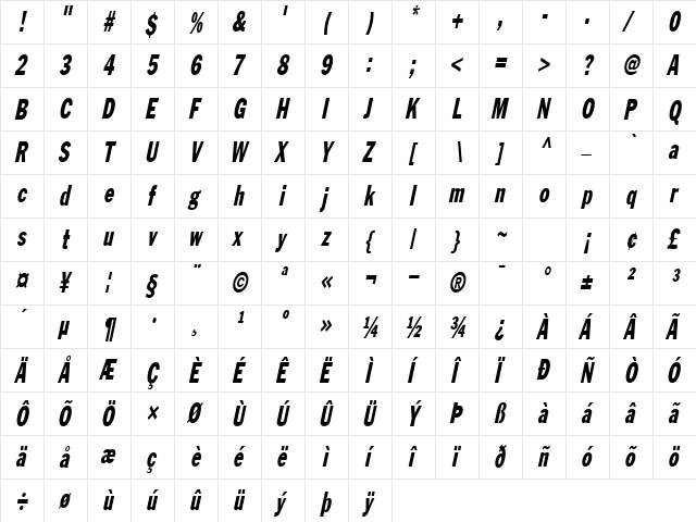 LibraryGothicHeavyCondensed Italic  glyph index