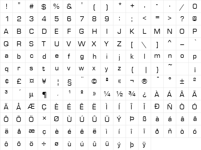 Eurostile Regular  glyph index