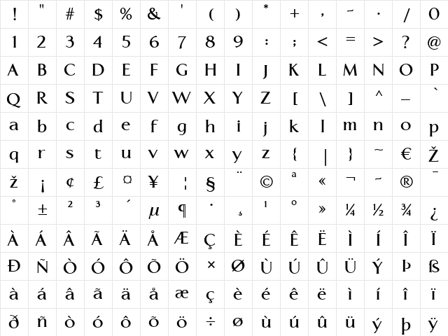 LTAperto Roman Bold  glyph index