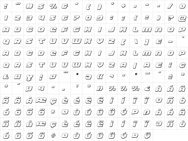 Front Runner 3D Italic Italic  glyph index