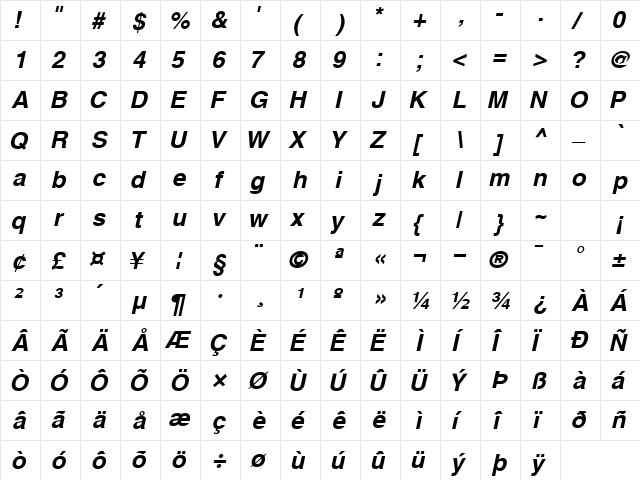 ContextSSK Bold Italic  glyph index