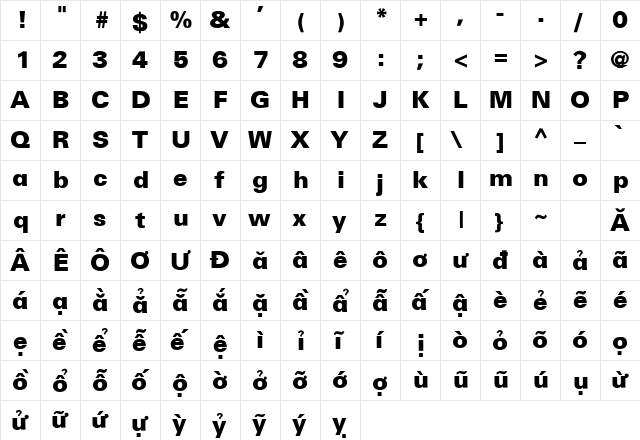 .VnBlack Regular  glyph index