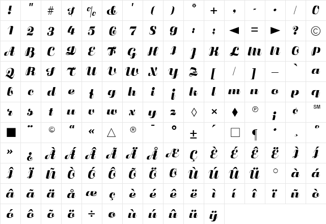 CgFluidum Bold  glyph index