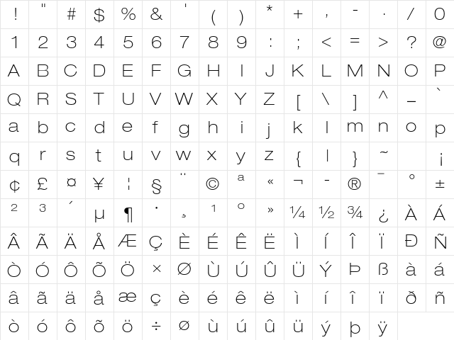 Helvetica Neue LT Pro 33 Thin Extended  glyph index