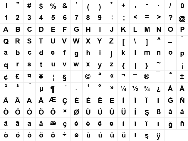 TR Arial Bold  glyph index