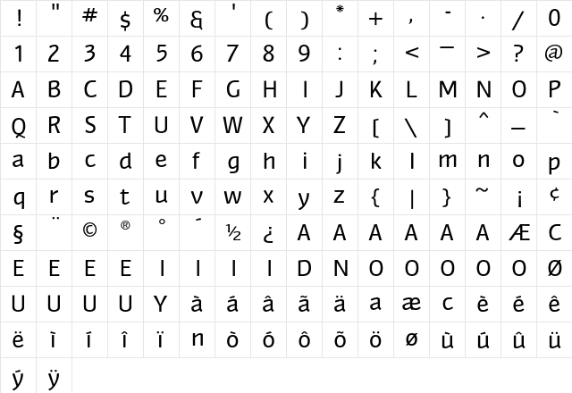 Myndraine Regular  glyph index