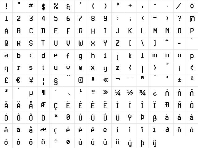 Expo Cond Regular  glyph index