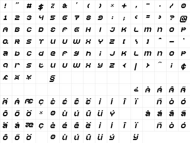 Vaporbyte Italic  glyph index