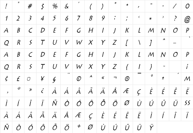 Liste Condensed Italic  glyph index