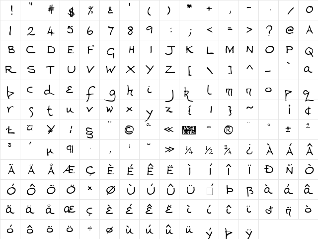 ValeriesHand Regular  glyph index