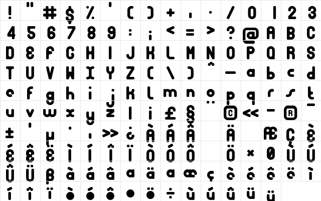 Bubble Club Bold  glyph index