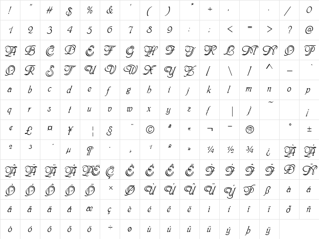 PhyllisSwash Regular  glyph index