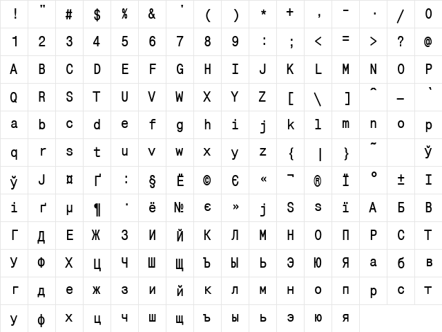 MonoCondensedC Bold  glyph index