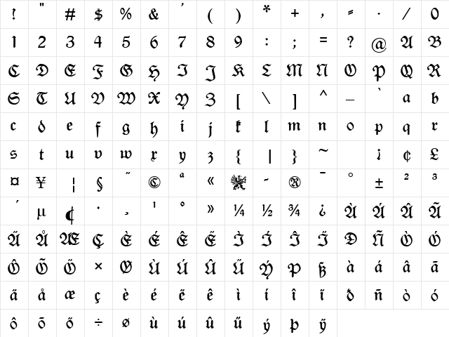 Rediviva UNZ1 Regular  glyph index