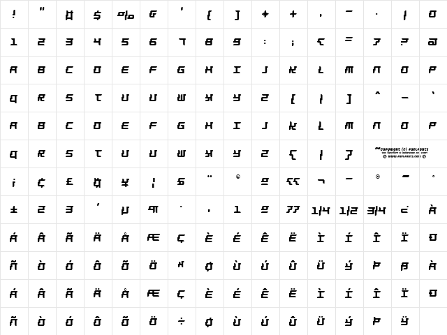 Barbarella Regular  glyph index