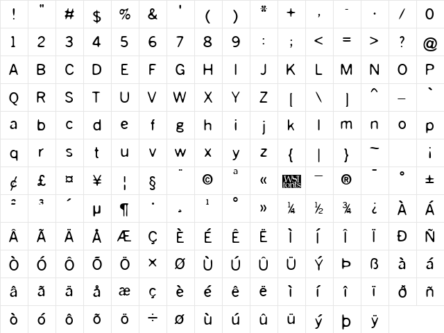 Slough Bold  glyph index