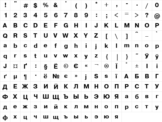 Pragmatica Bold Cyrillic  glyph index