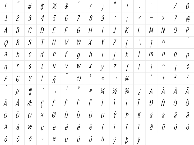 WinterthurCondensed Italic  glyph index