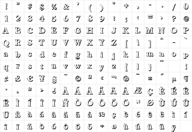 LeamingtonShadow Bold  glyph index