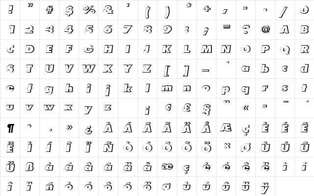 FuturaTExtBolOblRe1 Regular  glyph index