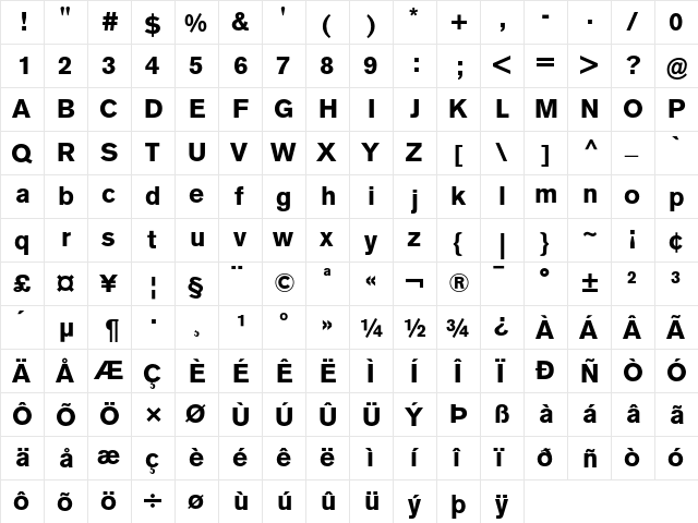 Berthold Akzidenz Grotesk BE Bold  glyph index