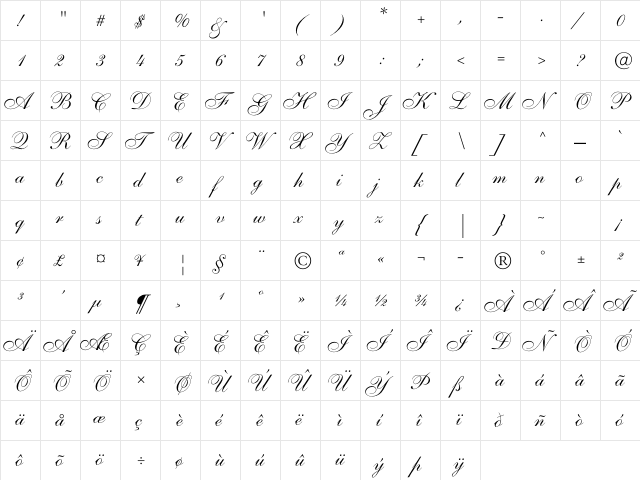Allegretto Script OneC Regular  glyph index