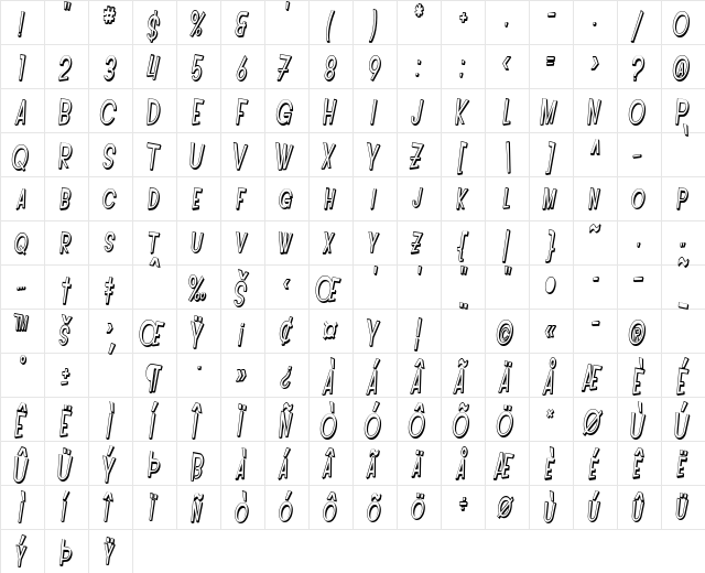 SF Intoxicated Blues Shaded Oblique  glyph index