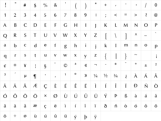 Mitra LT Light  glyph index