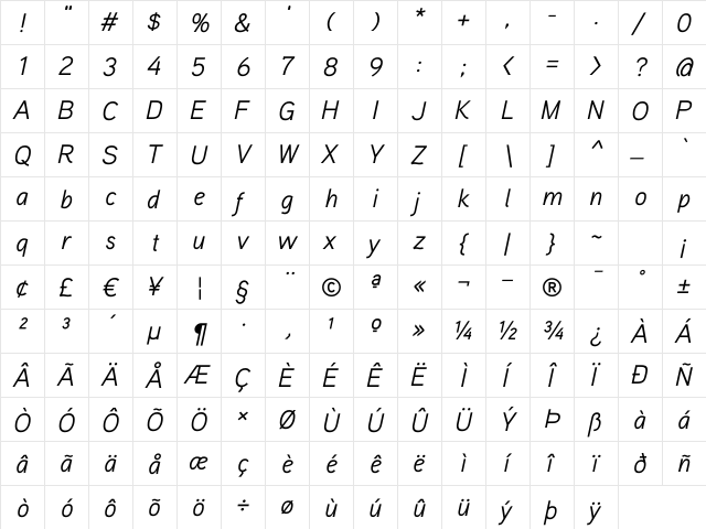 Aaux ProRegular Italic Regular  glyph index