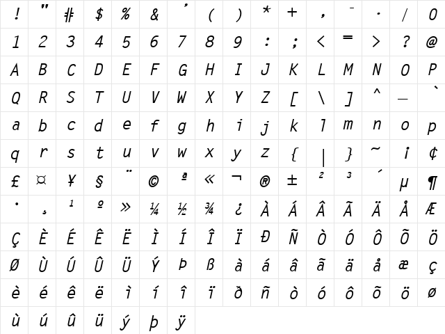 GE Monograph Fixed Width Bold Italic  glyph index