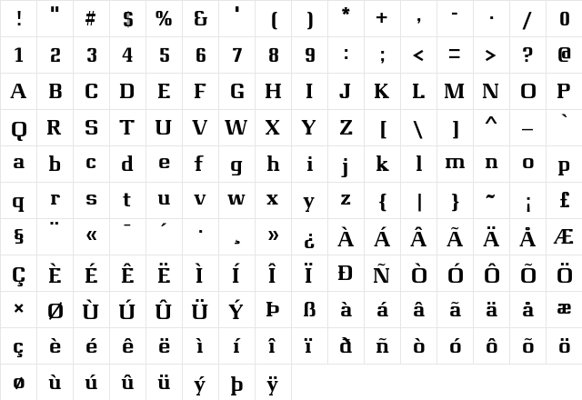 Merci Regular  glyph index