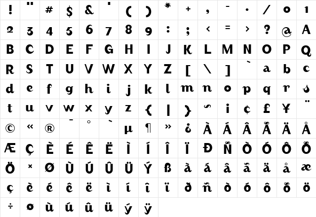 August Regular  glyph index